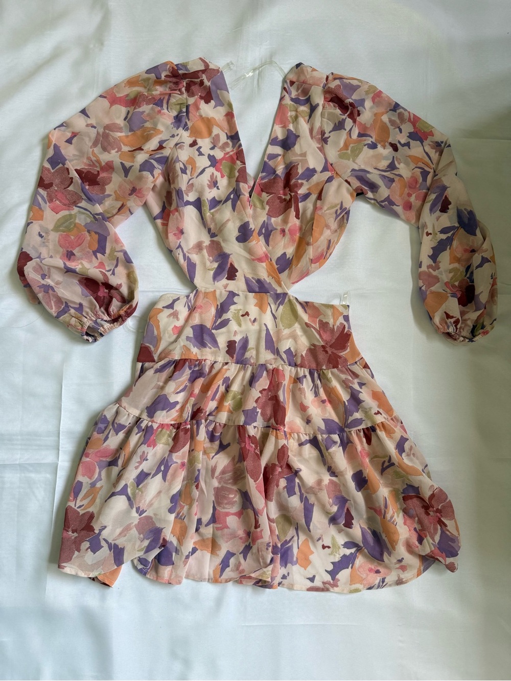 Lush Floral V‑Neck Tiered Mini Dress — Cream with Pink, Purple & Orange Print